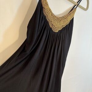 sisSSsis Boho Cami Camisole Spaghetti Straps Black Gold Tone Beaded Front Top